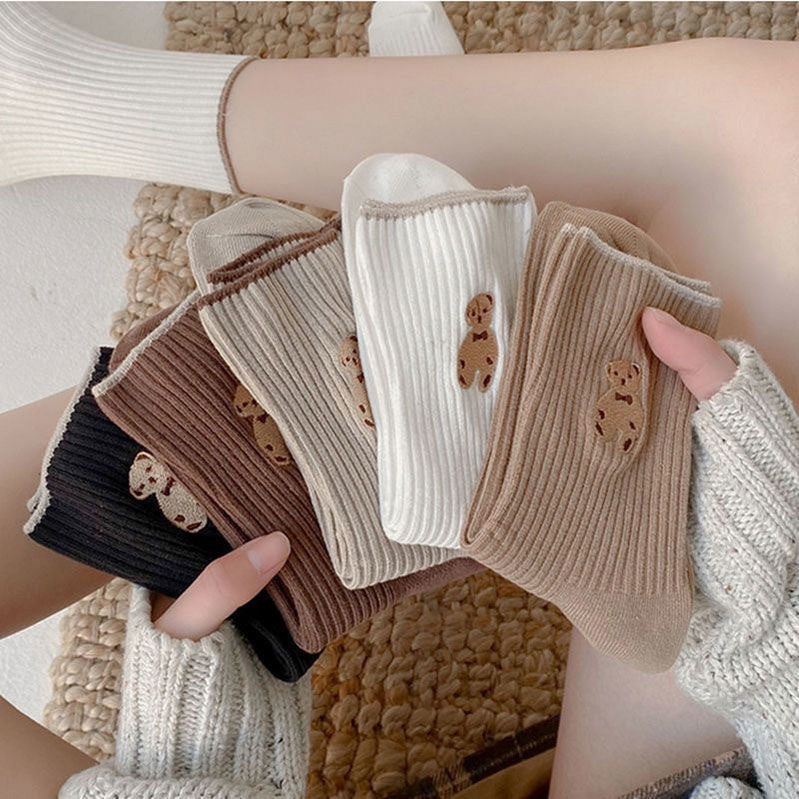 6 Pairs Cartoon Bear Cotton Socks – Comfortable Breathable Crew & Mid Socks
