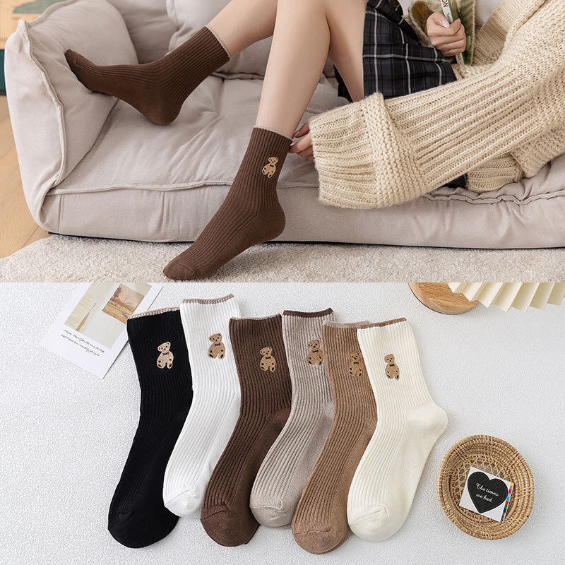 6 Pairs Cartoon Bear Cotton Socks – Comfortable Breathable Crew & Mid Socks