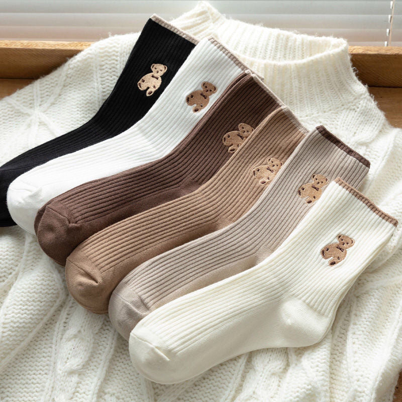 6 Pairs Cartoon Bear Cotton Socks – Comfortable Breathable Crew & Mid Socks