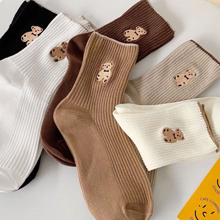 6 Pairs Cartoon Bear Cotton Socks – Comfortable Breathable Crew & Mid Socks