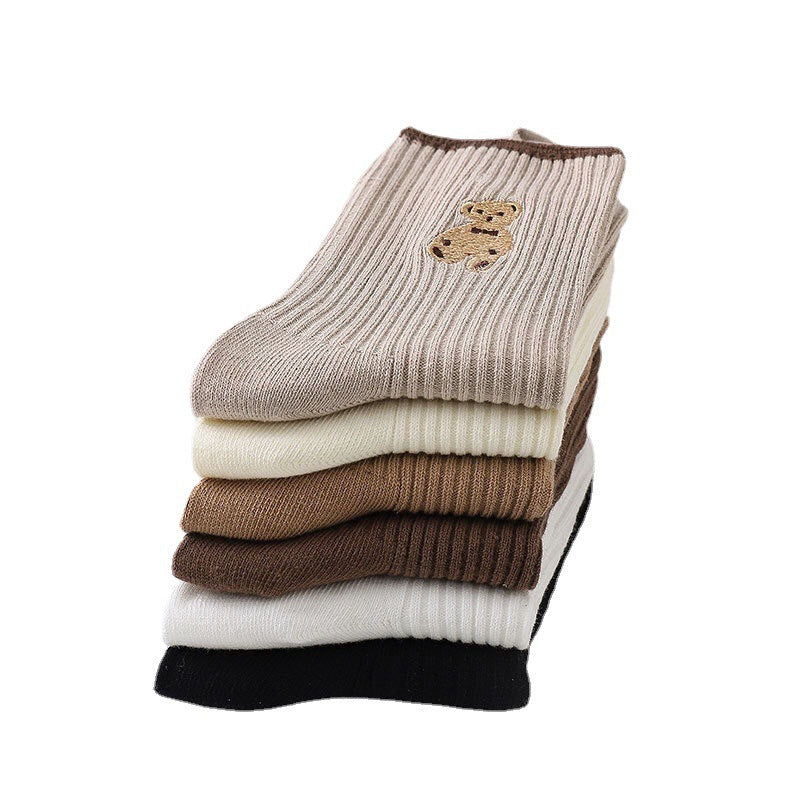 6 Pairs Cartoon Bear Cotton Socks – Comfortable Breathable Crew & Mid Socks