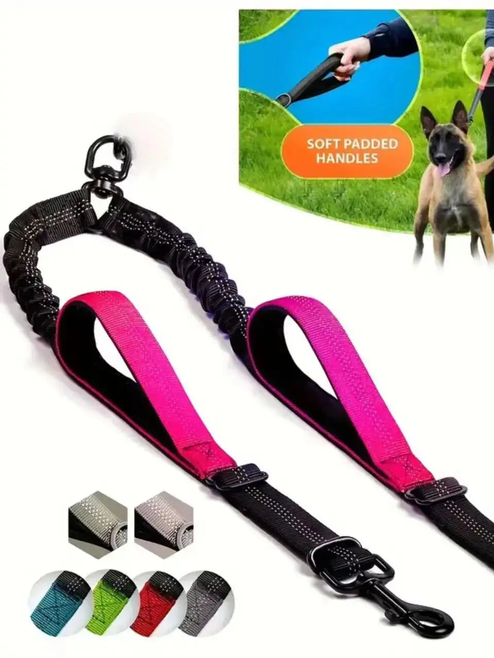Dual Dog Leash Coupler - Comfort Padded Handles, No-Tangle, No-Pull Bungee Leash - 360° Swivel, Reflective, Shock Absorbing - Pe