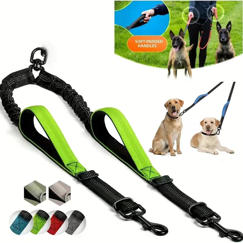 Dual Dog Leash Coupler - Comfort Padded Handles, No-Tangle, No-Pull Bungee Leash - 360° Swivel, Reflective, Shock Absorbing - Pe