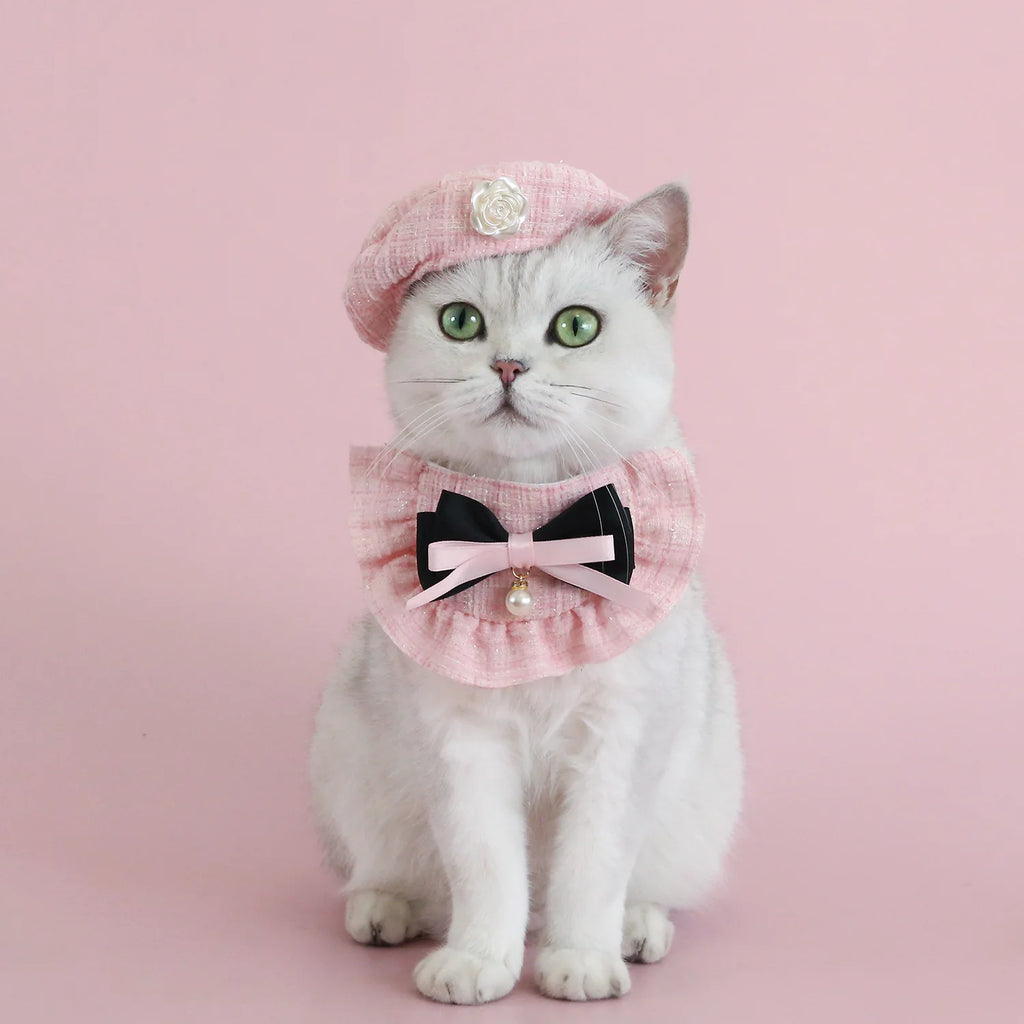 1pc Elegant Pet Princess Outfit Set - Chic Beret, Pearl Bow & Floral Bib for Cats and Small Dogs