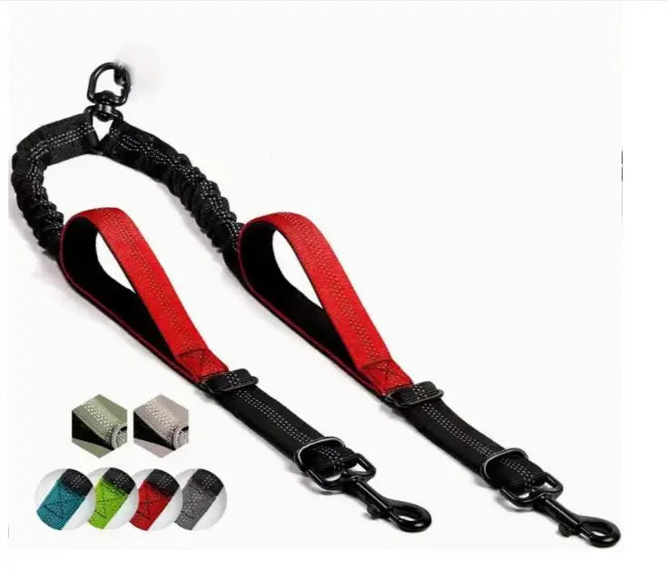 Dual Dog Leash Coupler - Comfort Padded Handles, No-Tangle, No-Pull Bungee Leash - 360° Swivel, Reflective, Shock Absorbing - Pe