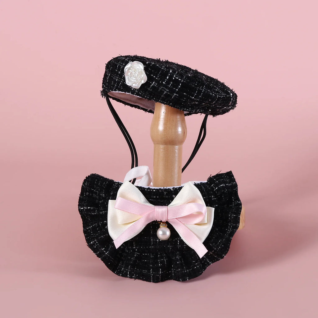 1pc Elegant Pet Princess Outfit Set - Chic Beret, Pearl Bow & Floral Bib for Cats and Small Dogs