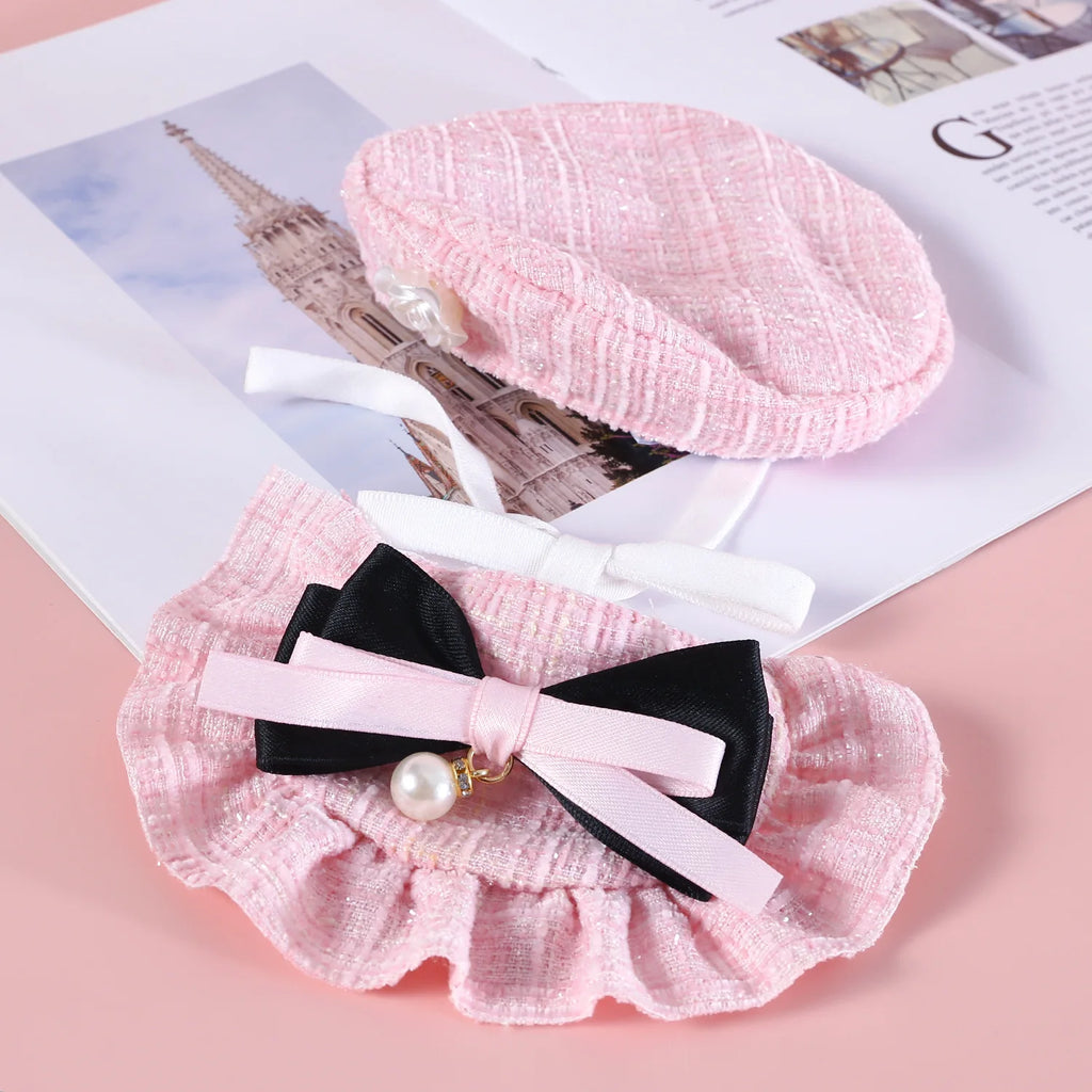 1pc Elegant Pet Princess Outfit Set - Chic Beret, Pearl Bow & Floral Bib for Cats and Small Dogs