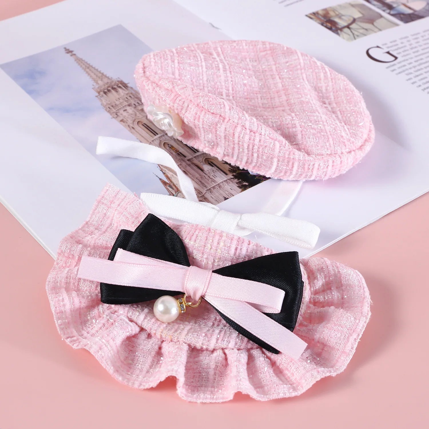 1pc Elegant Pet Princess Outfit Set - Chic Beret, Pearl Bow & Floral Bib for Cats and Small Dogs